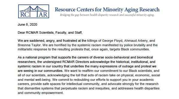 Read: A Letter to RCMAR Scientists, Faculty, and Staff